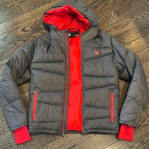 Spyder Gray and Red Hooded Puffer Jacket